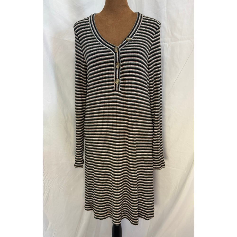 American Eagle Striped Ribbed Henley Dress Womens Large Long Sleeve V-Neck Mini